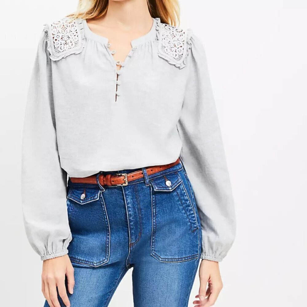 NEW WITH TAGS Loft Lace Shoulder Henley Blouse Size XS